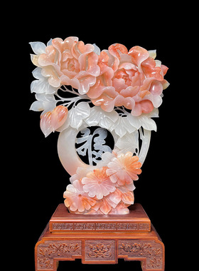 天然玉石花好月圆摆件雕刻工艺礼品中式家居客厅玄关酒柜装饰摆设