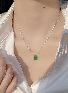 设计师创意设计s925纯银绿红色玛瑙吊坠项链个性优雅感大气锁骨链