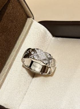 设计师s925纯银 满天星菱格宽版半钻戒指感cnc工艺切割感无标