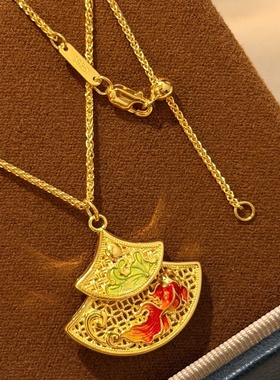 设计师s925纯银 可活动镂空双面荷花锦鲤扇形吊坠项链古法双扇形