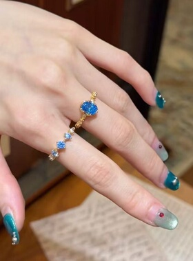 轻奢纯银S925日系海蓝锆蕾丝戒指叠戴女鸽子蛋镶满钻套戒轻奢排钻