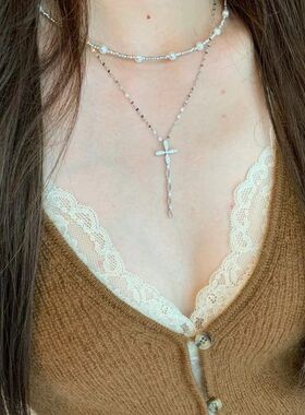 叶片四叶草纯银链S925个性环环相扣项链锆石高级感锁骨十字架