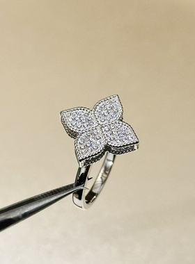 设计师s925纯银 幸运四叶草麻花边满钻戒指中古风复古感满钻镶嵌