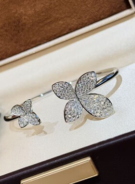 轻奢s925纯银 大小花四叶草满钻开口手镯精致不变形感轻奢经典花