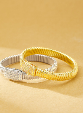 设计师意大利 S925银8m闪砂空心管闪锆欧美ins风插扣手镯