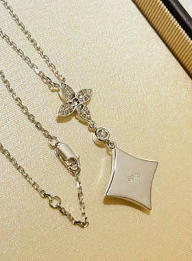 设计师S925纯银 双花四叶草项链天然白贝母经典菱形精致女人味