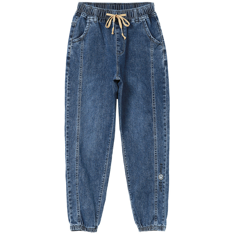 韩潮袭人松紧高腰刺绣春秋牛仔裤 韩潮袭人牛仔裤