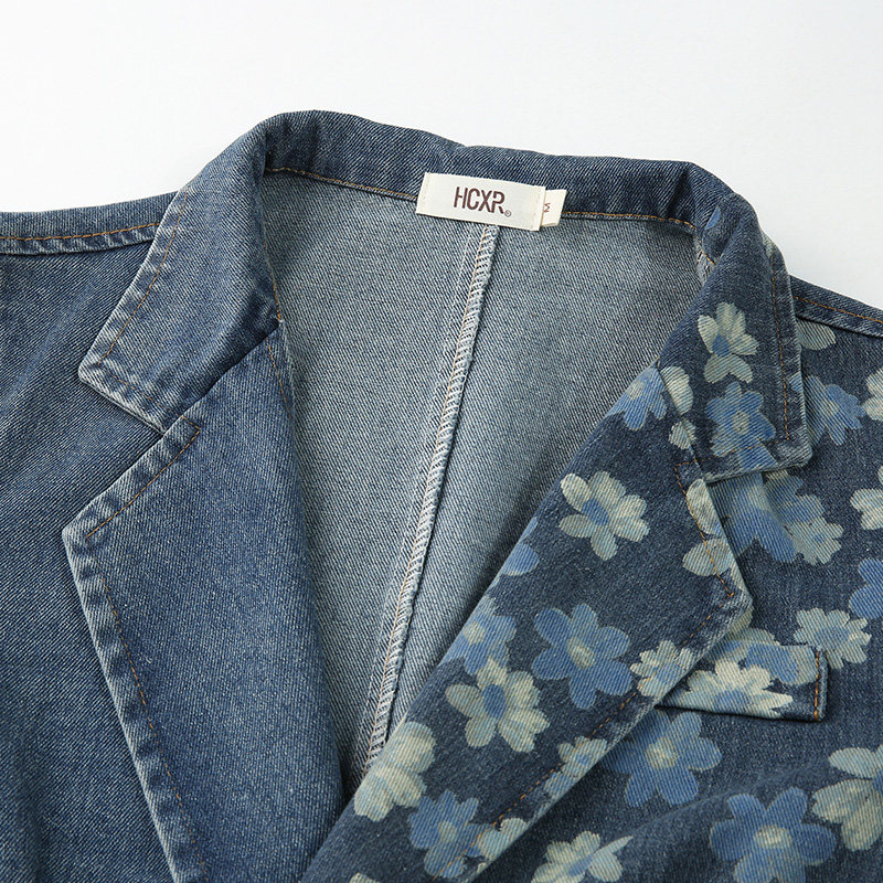 韩潮袭人小香风印花西装领牛仔外套 韩潮袭人短外套