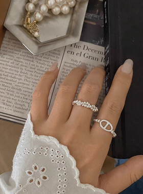 几何镂空猪鼻子戒指女韩版时尚个性叠戴S925银指环ins小众食指戒