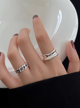 韩版S925银几何不规则凹凸戒指女复古时尚简约链条开口指环食指戒