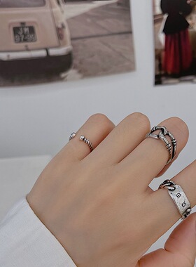 韩版S925银简约笑脸戒指女复古时尚绳结网格开口指环创意食指戒潮