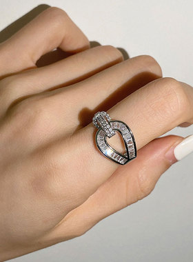 韩版S925银绳结戒指女复古时尚微镶锆石马蹄扣开口指环创意食指戒