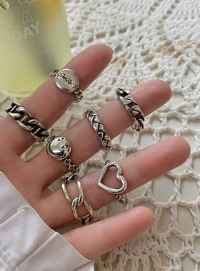 韩版S925银个性镂空爱心戒指女复古时尚嘻哈笑脸几何开口食指环潮