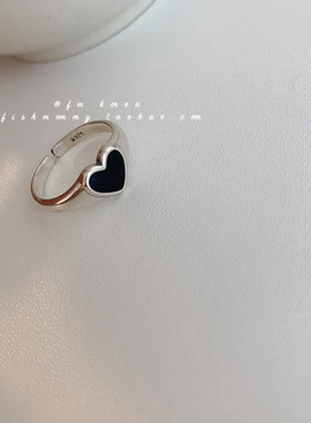 韩版S925银个性黑色爱心戒指女复古时尚气质圆珠开口指环食指戒潮