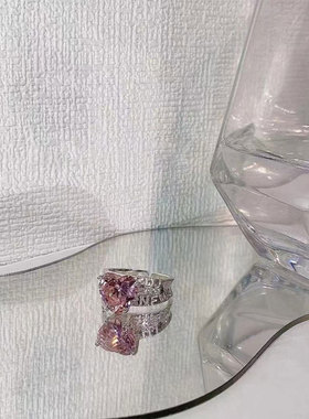 韩版S925银个性粉色爱心锆石戒指女复古时尚字母开口指环食指戒潮