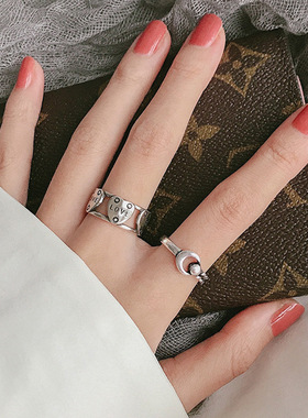 韩版圆珠链条戒指女925银时尚学生ins潮冷淡风食指网红蹦迪尾戒