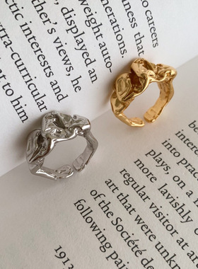 韩版S925银褶皱肌理戒指女复古时尚个性熔岩开口指环创意食指戒潮