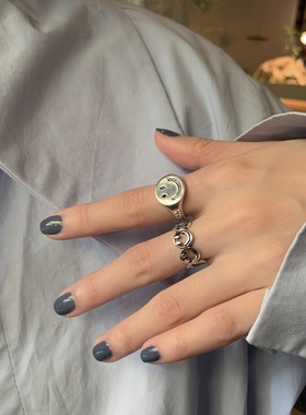 韩版S925银个性微笑戒指女复古时尚嘻哈朋克笑脸开口指环食指戒潮