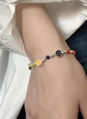 彩虹拼色笑脸手链女韩版时尚个性表情包微笑S925银手环百搭手饰潮