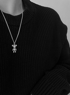 韩版S925银涂鸦小熊项链女复古时尚简约锁骨链气质嘻哈创意毛衣链