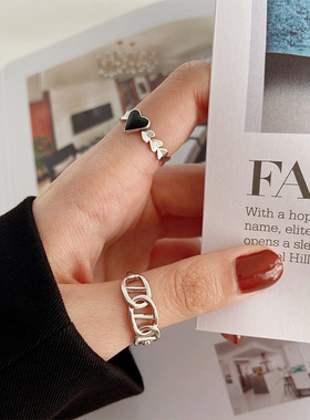 韩版S925银几何镂空猪鼻子戒指女复古时尚爱心鳞片开口指环食指戒