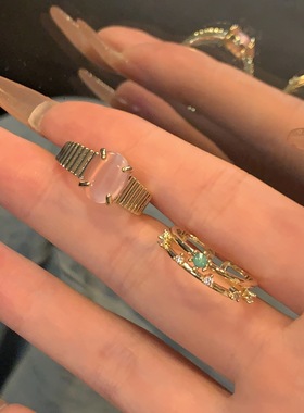 甜酷粉色猫眼石戒指女韩版时尚白玫瑰ins风开口指环网红食指戒潮