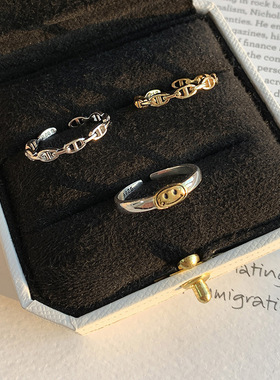 日韩简约猪鼻子复古戒指女925银ins时尚个性笑脸学生开口食指环