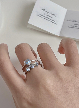 月光石爱心戒指女ins小众设计幻彩闪亮S925银开口指环甜酷食指戒