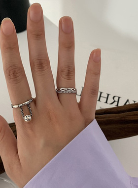 韩版S925银个性微笑脸戒指女复古时尚嘻哈链条流苏开口指环食指戒