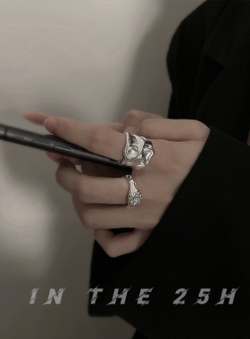 欧美S925银个性夸张几何戒指女复古嘻哈时尚凹凸不规则开口食指环