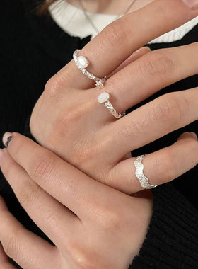 韩版S925银珍珠链条戒指女复古时尚优雅气质锡箔开口指环食指戒潮