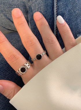 韩版S925银个性黑色圆形戒指女复古时尚气质几何开口指环食指戒潮
