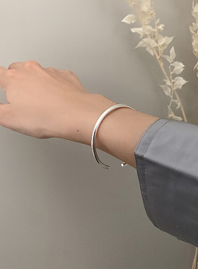 韩版S925银素圈手镯女复古泰银简约光面百搭手环学生气质手饰品
