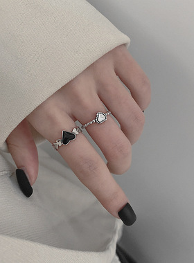 韩版S925银甜美爱心戒指女复古时尚嘻哈桃心鳞片开口指环食指戒潮