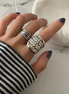 日韩S925银个性编织戒指女复古气质多层鱼鳞开口指环嘻哈食指戒潮