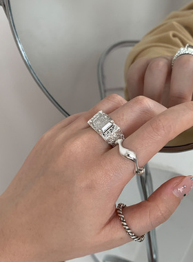 韩版S925银几何宝石戒指女复古优雅气质锡纸纹路开口指环食指戒潮