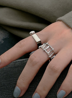 时尚S925银个性感叹号戒指女复古气质几何镂空开口指环嘻哈食指戒