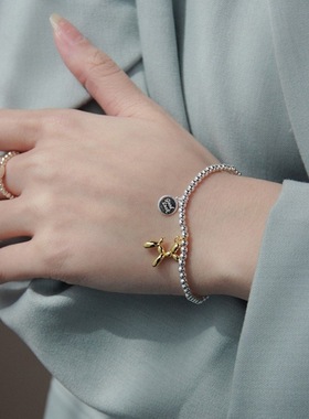 可爱气球狗手链女个性时尚气质圆牌字母luckS925银手环ins手饰潮