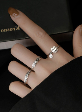 民族风S925银钱多多戒指女复古时尚气质猫开口指环嘻哈食指戒