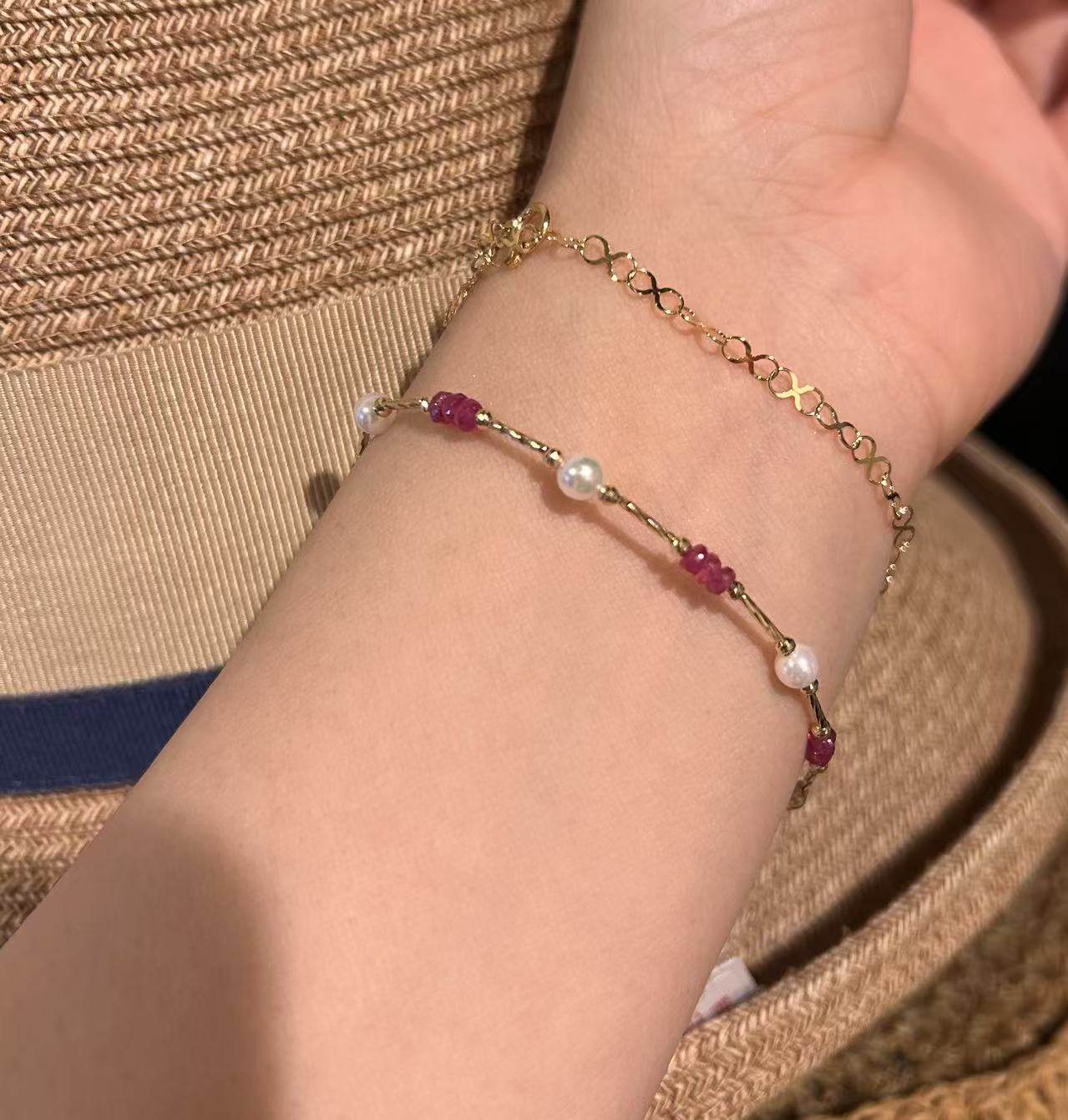 【日本直邮】akoya海水珍珠4-4.5mm天然红宝石18k金手链小清新,淘宝优惠券,粉丝福利购,淘宝优惠卷