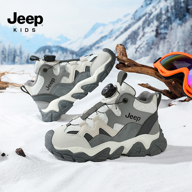 jeep儿童棉鞋女童男童皮面加绒运动鞋2025新款秋冬防滑旋钮老爹鞋 - 图1