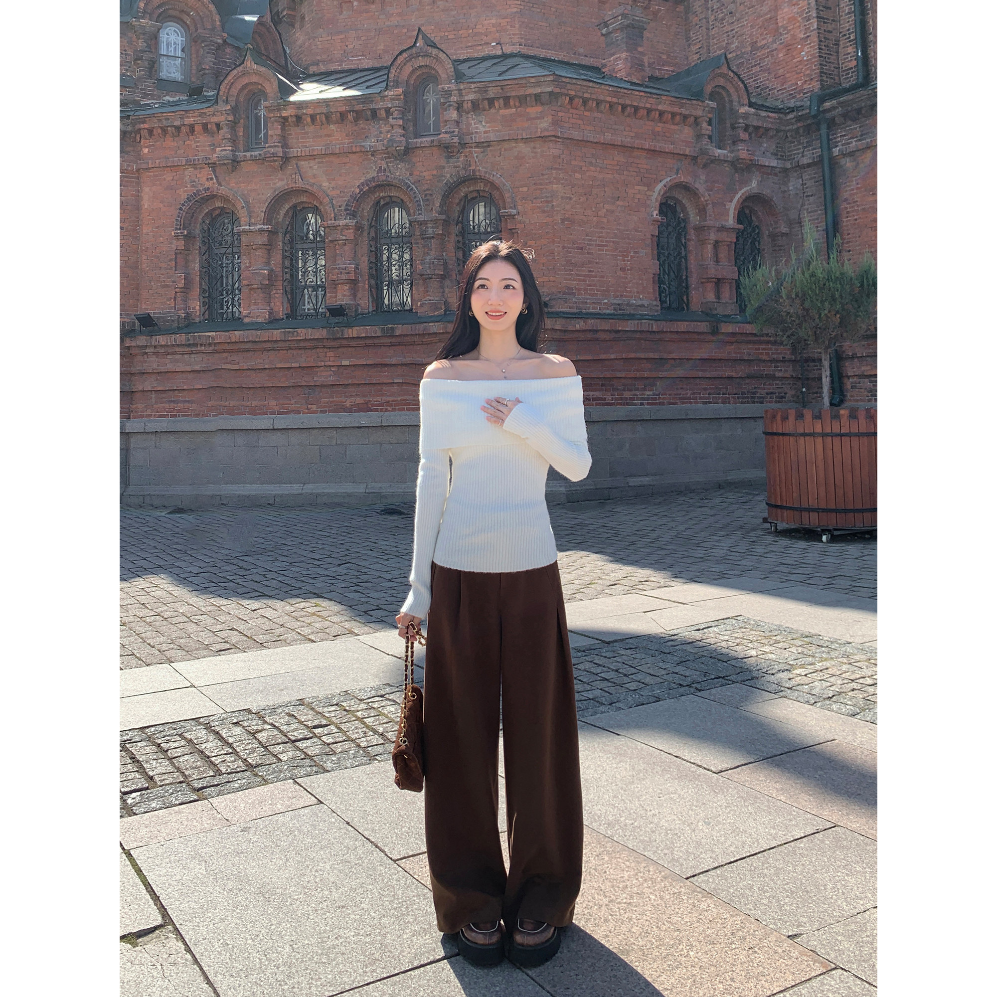 MULVAN紫色一字肩针织衫女秋冬慵懒毛衣修身显瘦套头露肩长袖上衣