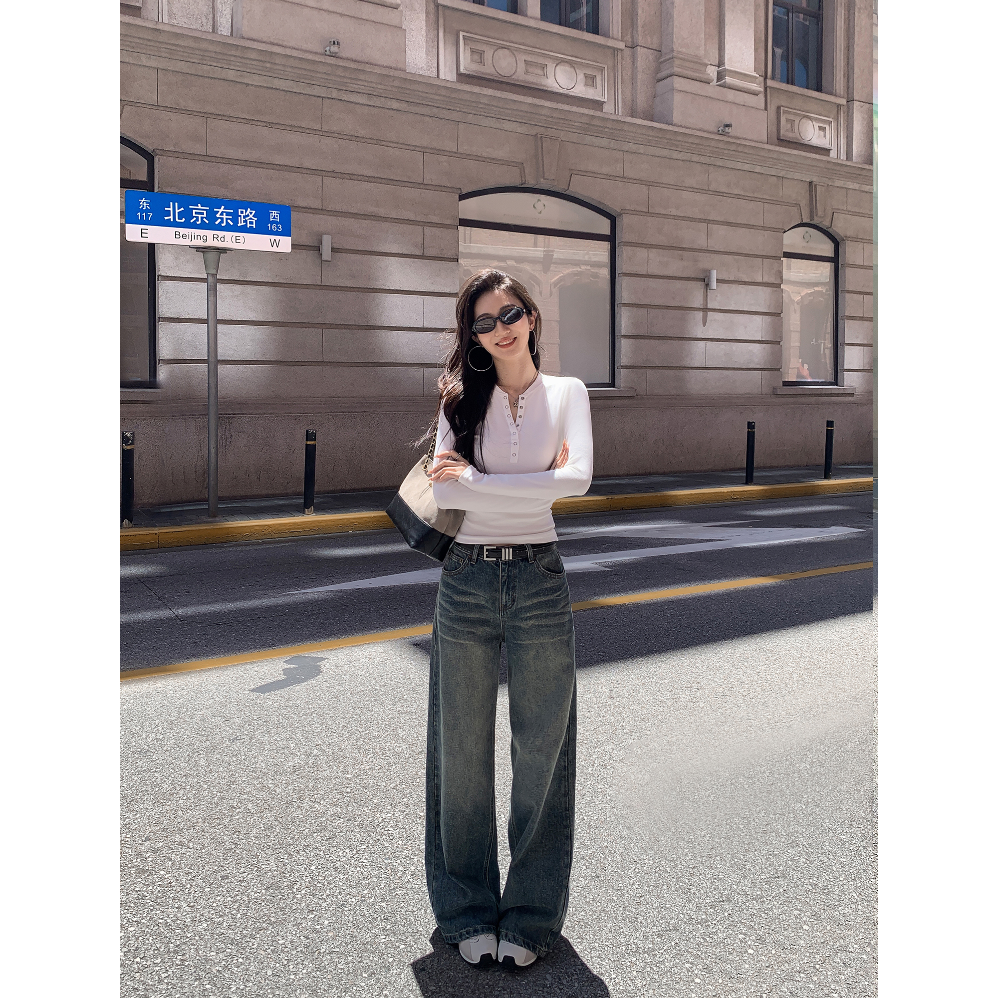 MULVAN 蓝穹漫步廓 美式复古阔腿牛仔裤女低腰宽松直筒垂感长裤 - 图3