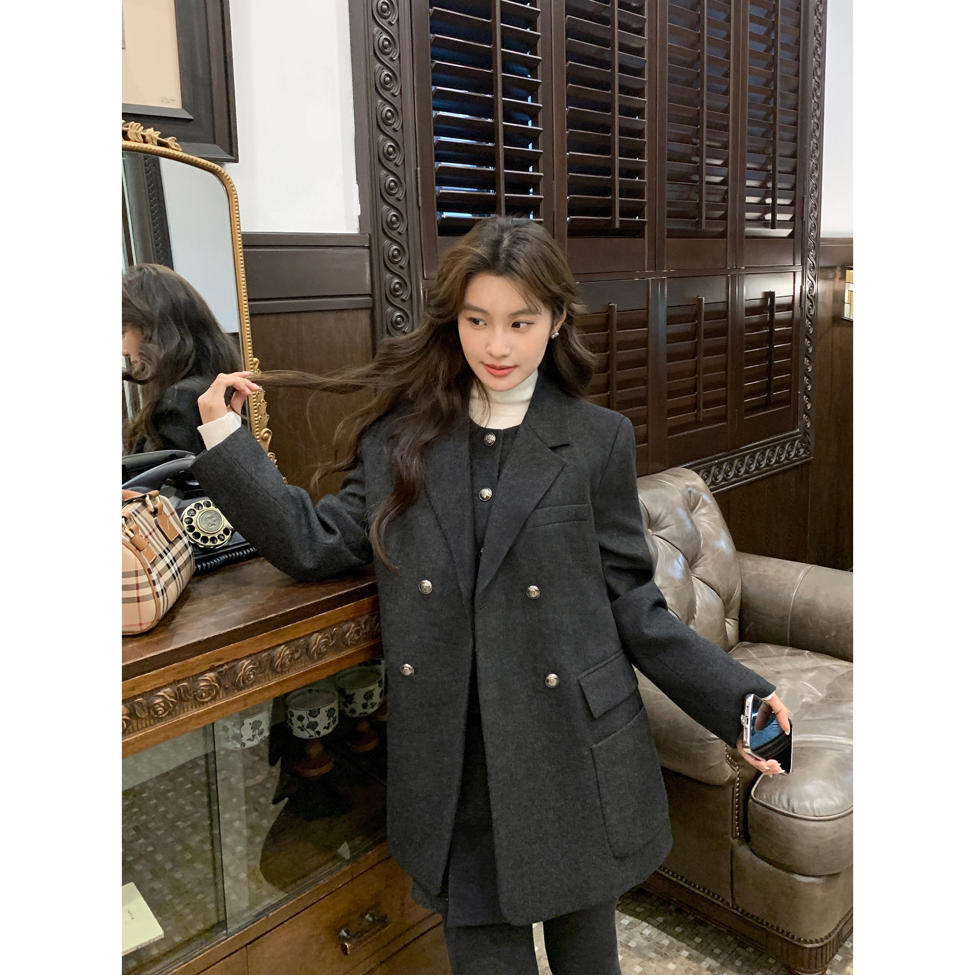 MULVAN 高智巴恩 西装毛呢外套女经典宽松圆领马甲半身裙三件套装,淘宝优惠券,粉丝福利购,淘宝优惠卷