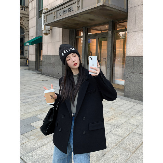 MULVAN black suit wool jacket for women short autumn and winter loose slim double-breasted tweed coat