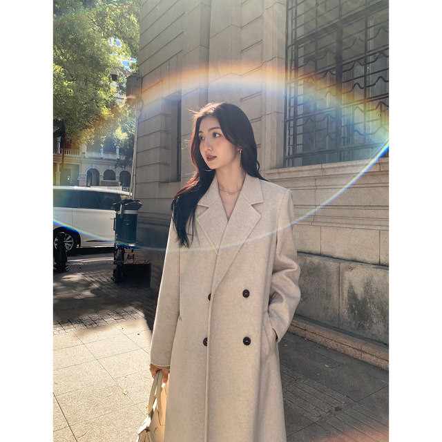 Double-breasted retro over-knee mid-length tweed jacket