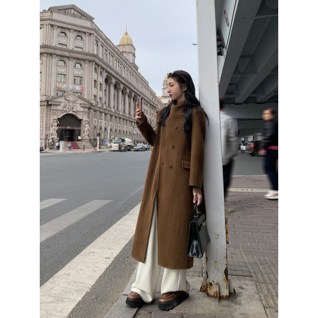 Double-breasted double-sided nylon wool coat with scarf