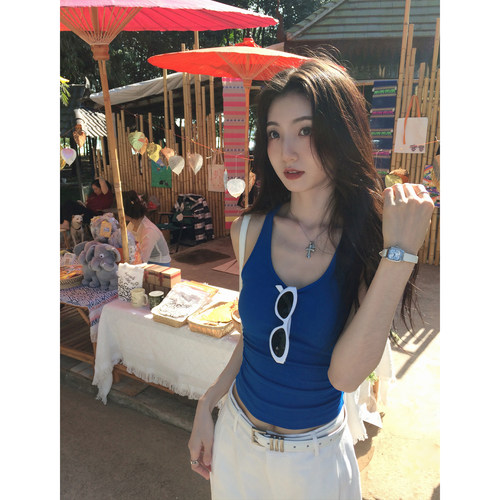 MULVAN 基础好穿 红色带胸垫吊带背心女外穿夏季修身工字短款上衣 - 图0