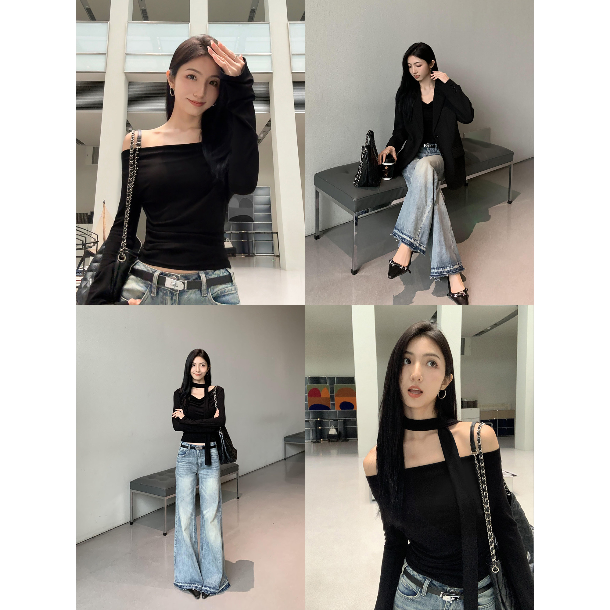 MULVAN“氛围美女”荡领/斜露肩/一字肩设计感上衣女修身气质t恤,淘宝优惠券,粉丝福利购,淘宝优惠卷