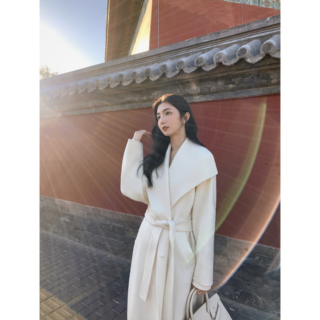 MULVAN高智千金 100羊毛双面呢大衣女高级感气质绑带长款毛呢外套